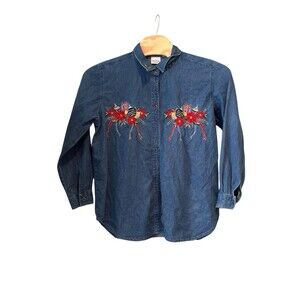 Y2K Bobbie Brooks Holiday Christmas Embroidered Shirt Plus Size 18/20 w Festive